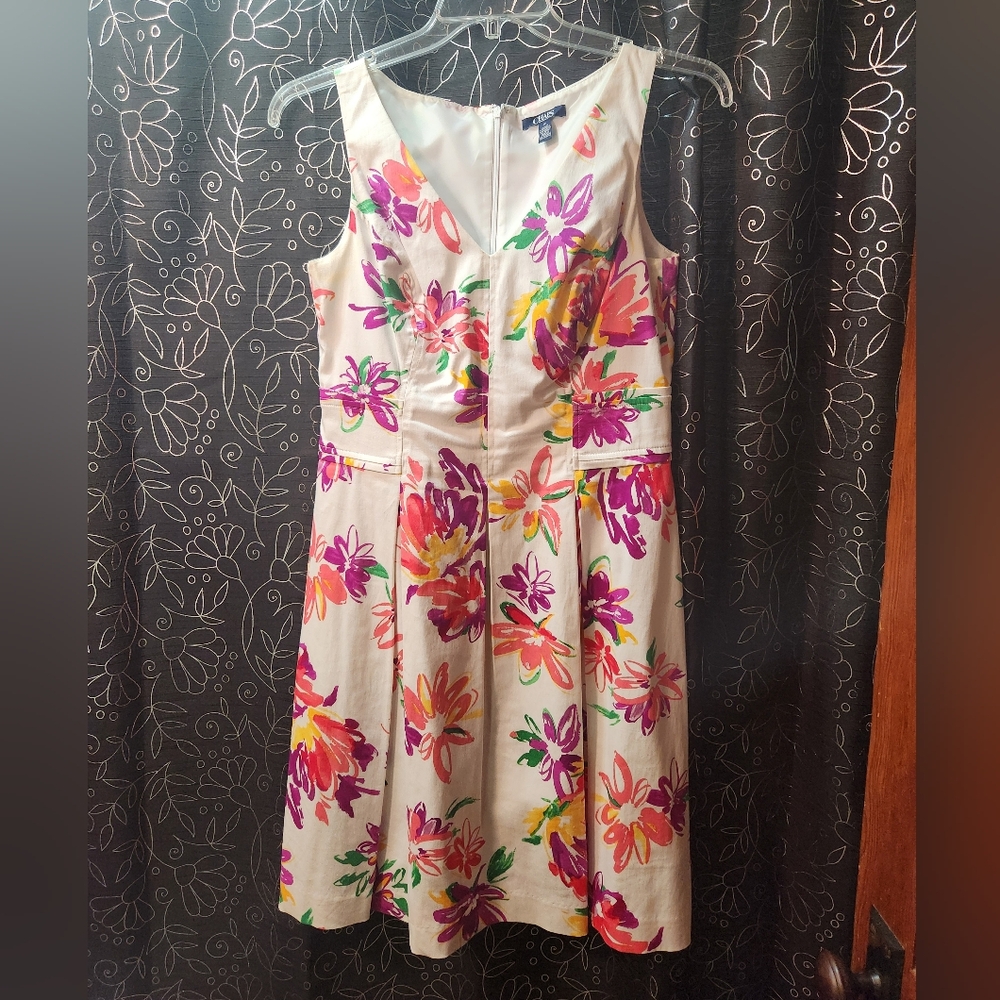 Chaps White Floral Dress with Pink and Green Accents